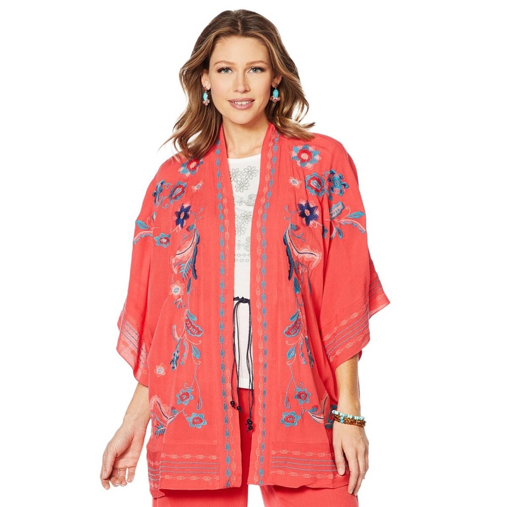 Curations Women's Embroidered Gauze‎ Open Front Viscose Kimono Fiery Coral XS/S